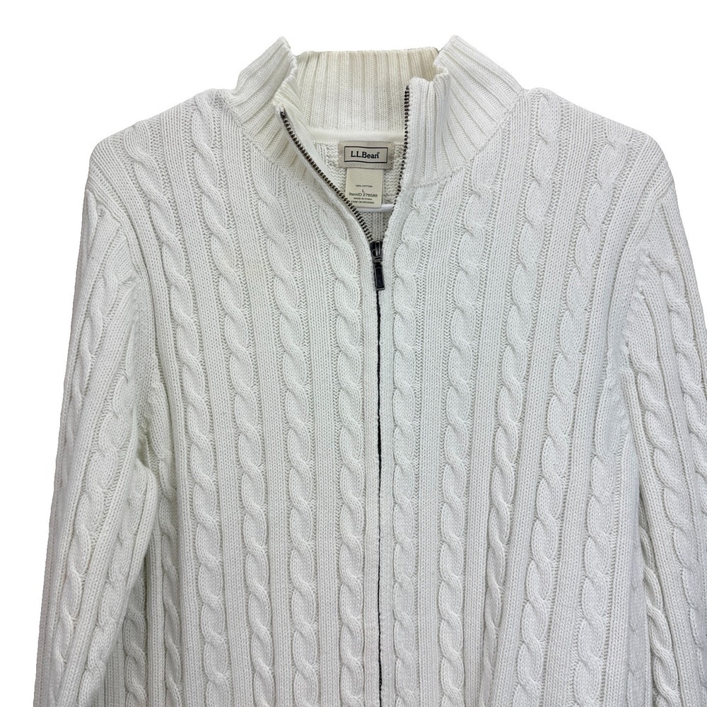 LL Bean Ivory Mock Neck Full Zip Cable Cotton Cardigan Sweater Size LARGE - Picture 3 of 9